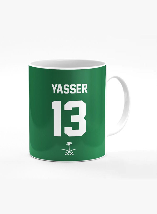 Stylizedd Designer Printed Coffee Mug with Heavy Duty Handle 11oz Ceramic Personalised Gift Mugs Cup [Microwave Safe & Dishwasher Proof] -Football Team - Saudi Arabia Player Name - Yasser - Image 1
