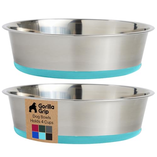 GORILLA GRIP Dog Bowls Food Grade 304 Stainless Steel Holds 4 Cups Each 32 fl oz Food and Water Bowl for Feeding Dogs and Cats Dishwasher Safe Rust Resistant BPA Free Rubber Base Set of 2 Turquoise - Image 1