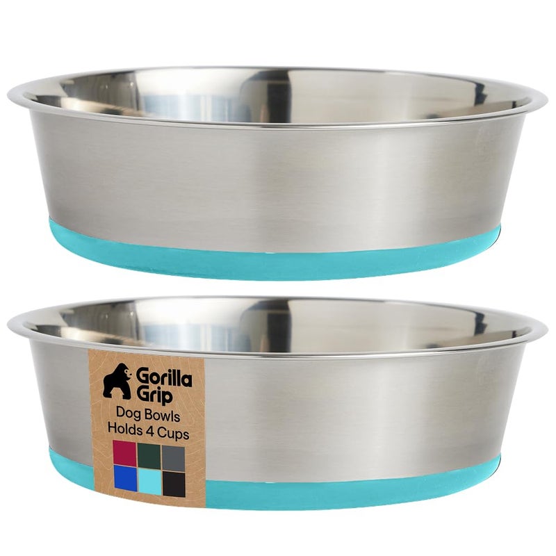 GORILLA GRIP Dog Bowls Food Grade 304 Stainless Steel Holds 4 Cups Each 32 fl oz Food and Water Bowl for Feeding Dogs and Cats Dishwasher Safe Rust Resistant BPA Free Rubber Base Set of 2 Turquoise - Image 2