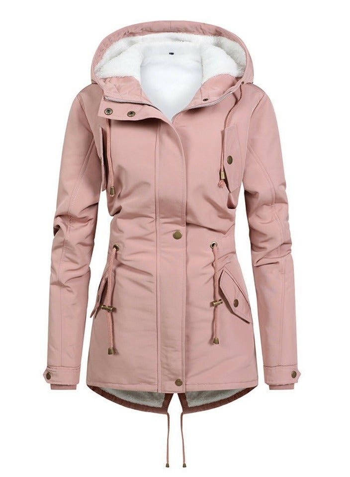 Loquat Women's Mid Length Warm Thick Coat Long Sleeve Hooded  Zippered Outer Garment Pink