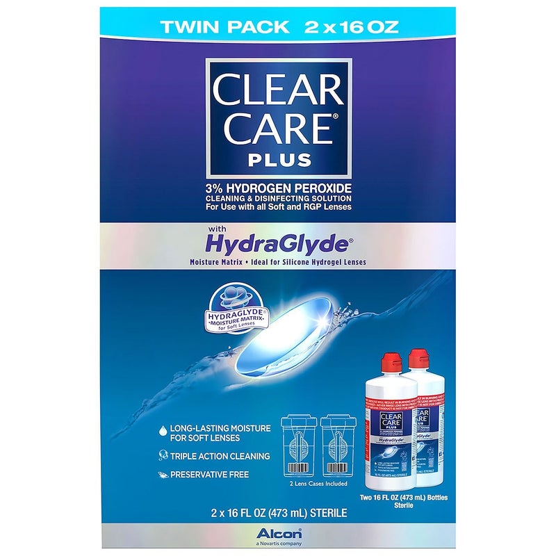 Clear Care Clear Care Plus with Hydraglyde Cleaning & Disinfecting Solution Twin Pack with 2 Lens Cases Included 16 oz  - Image 1