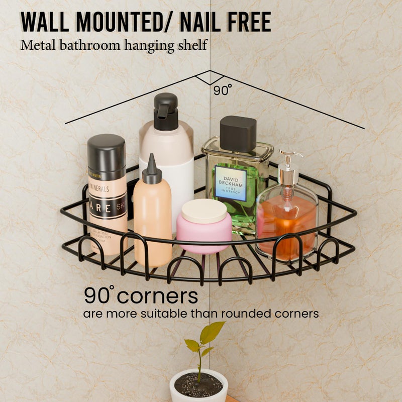 Kuber Industries Metal Self Adhesive Bathroom Organiser with Screws/Corner Shelves/Rack for Wall Adhesive | Triangle Corner Stand Bathroom Accessories | Black - Image 2