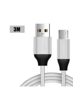 Thoraya 3m Micro USB Power Cable Nylon Braided Data Cable Fast Charger Cable for Android(Silver)  - Image 1
