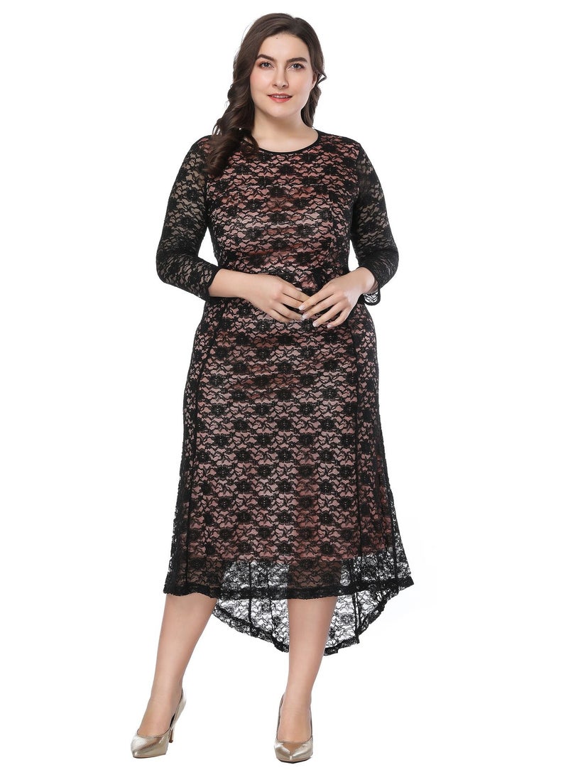 Loquat Plus-size Women's Crew Neck Lace Dress Black  - Image 1