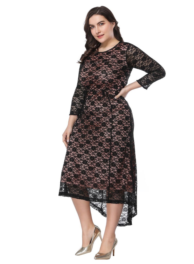 Loquat Plus-size Women's Crew Neck Lace Dress Black  - Image 2