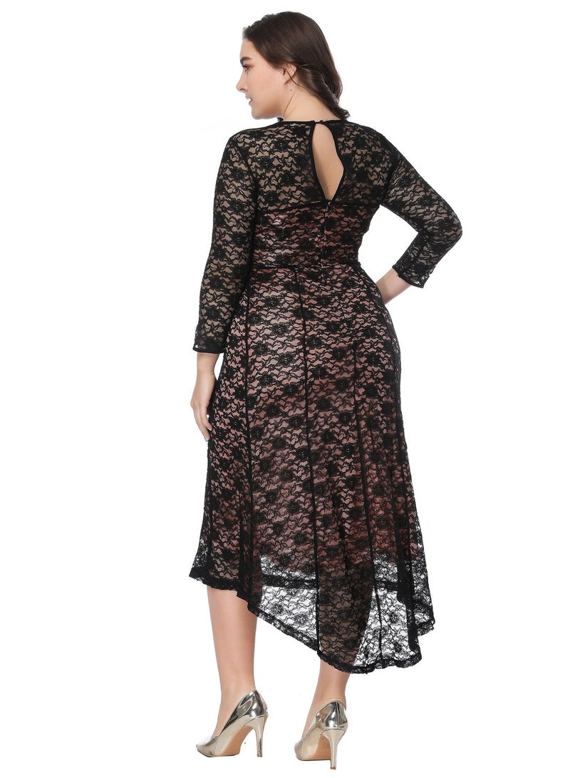 Loquat Plus-size Women's Crew Neck Lace Dress Black  - Image 3