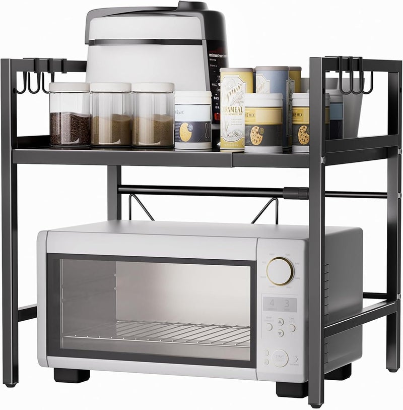 Expandable Microwave Stand,2 Tier Metal Kitchen Countertop Organizer Shelves with Paper Towel Holder and Baskets,Bakers Rack,Microwave Shelf,Microwave Oven Rack,55lbs Weight Capacity - Image 1
