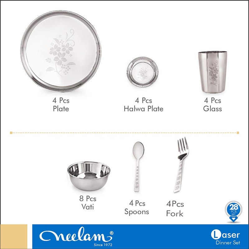 Neelam Neelam Stainless Steel 24 Gauge Lazer Etching 28 Pieces Dinner Set, Ideal Gifting Dinner Set, Ideal for Special Occasions Like Anniversary, Wedding, Housewarming Party, Dishwasher Safe, Silver - Image 3