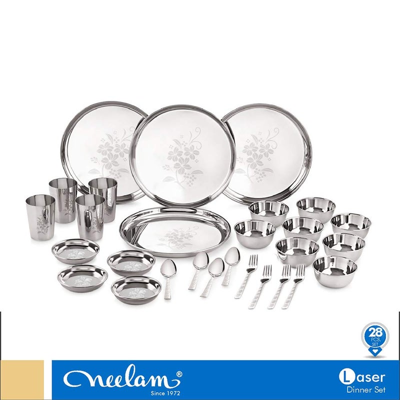 Neelam Neelam Stainless Steel 24 Gauge Lazer Etching 28 Pieces Dinner Set, Ideal Gifting Dinner Set, Ideal for Special Occasions Like Anniversary, Wedding, Housewarming Party, Dishwasher Safe, Silver - Image 2