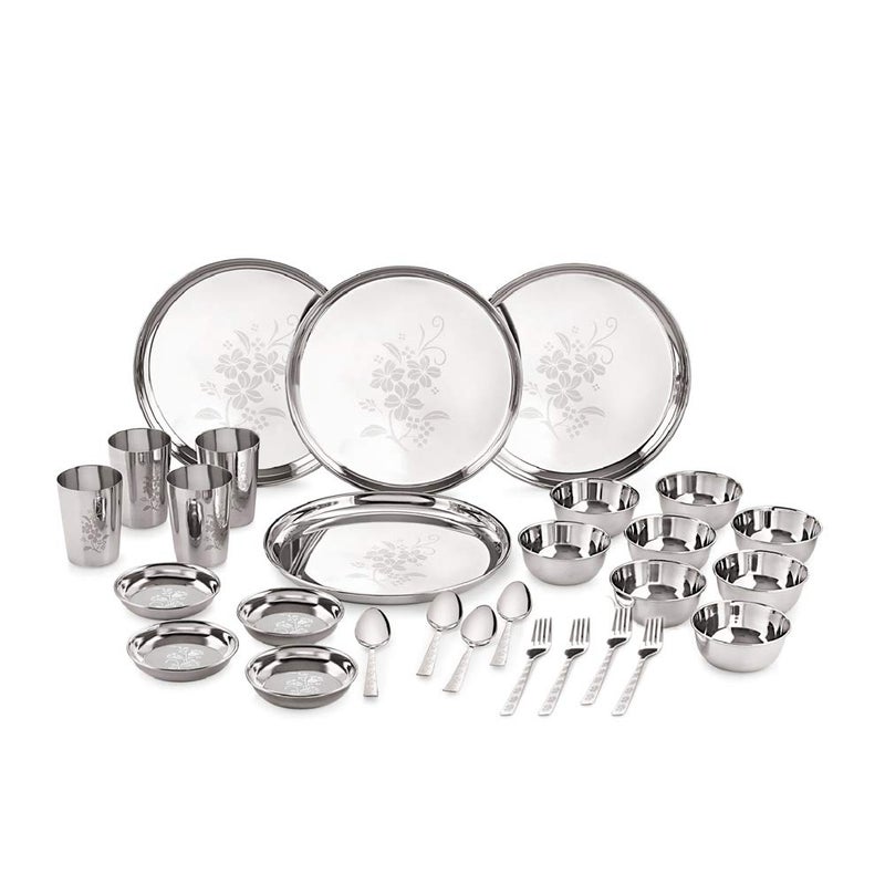 Neelam Neelam Stainless Steel 24 Gauge Lazer Etching 28 Pieces Dinner Set, Ideal Gifting Dinner Set, Ideal for Special Occasions Like Anniversary, Wedding, Housewarming Party, Dishwasher Safe, Silver - Image 1