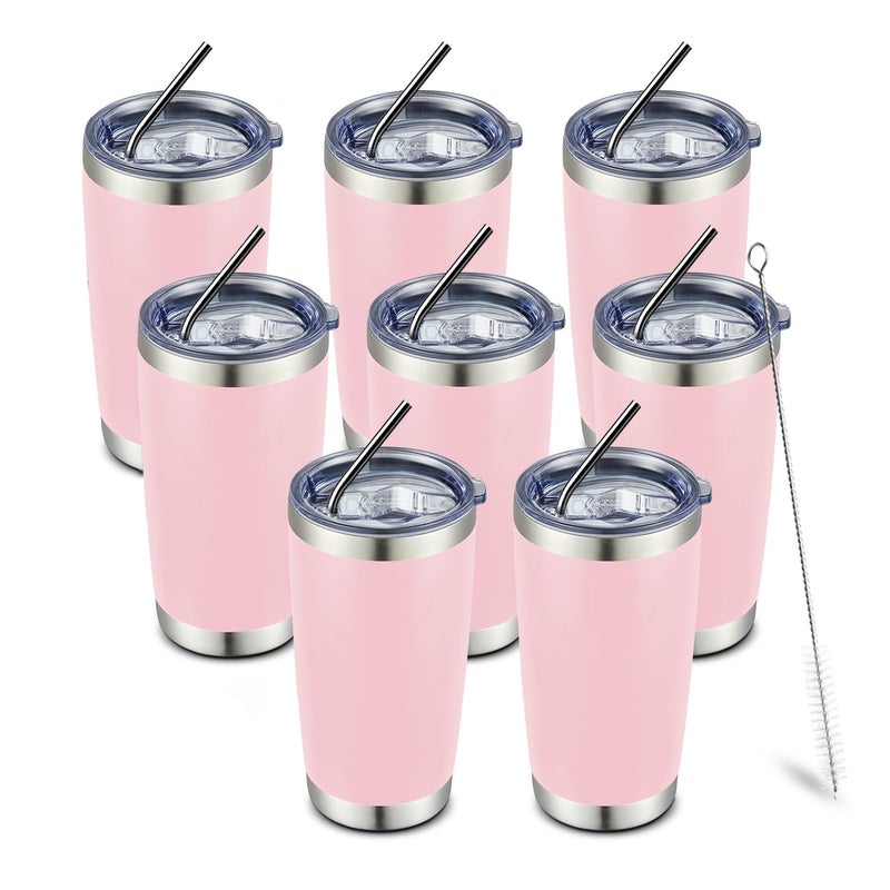 COMOOO 20oz 8 Pack Tumbler Double Wall Vacuum Insulated Coffee Travel Mug Stainless Steel Tumbler Bulk with Lid and Straw Insulated Coffee Cup for Cold  Hot Drinks Pink 8 Pack