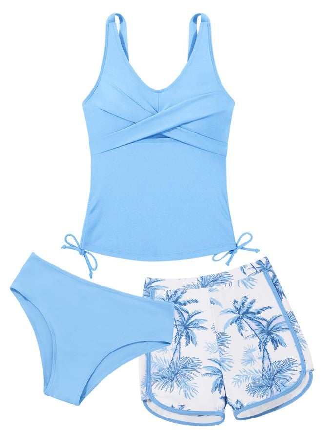 URMAGIC Girls Swimsuits Tankini Set with Shorts Criss Cross Bathing Suits Tween Teen Juniors Girl Two Piece Swimwear Light Blue - Image 1
