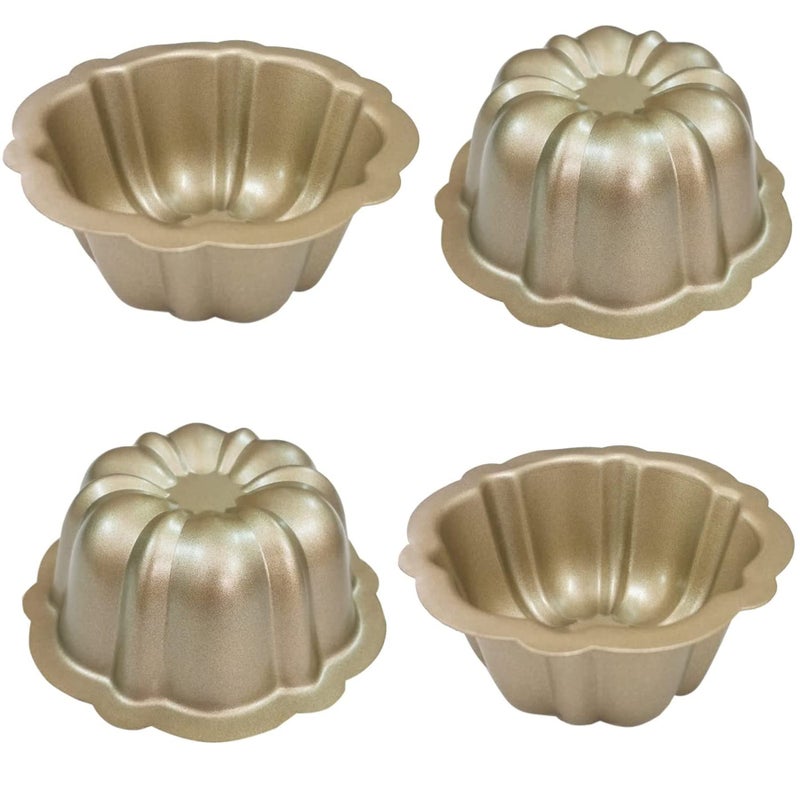 MGGi 4 Pack Mini Cake Pan, 4 Inch Nonstick Fluted Tube Cake Pans, Black Carbon Steel Fluted Cake Mini Oven Baking Mold Metal Round Pumpkin Shaped Cake Mould for Cupcake,Muffin,Brownie,Pudding - Gold - Image 1