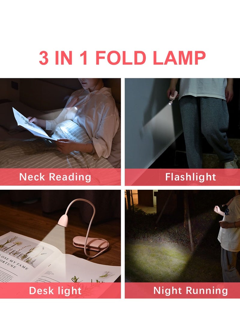 McmhyingPop 3-in-1 Book Lamp, Rechargeable Neck Reading light, Foldable Mini Desk Lamp, Night Light, Flashlight, Office Reading Lamp, 360-Degree Adjustable Flexible Gooseneck, Three Lighting Modes, 1800mAh Large Capacity Battery, Pink - Image 2