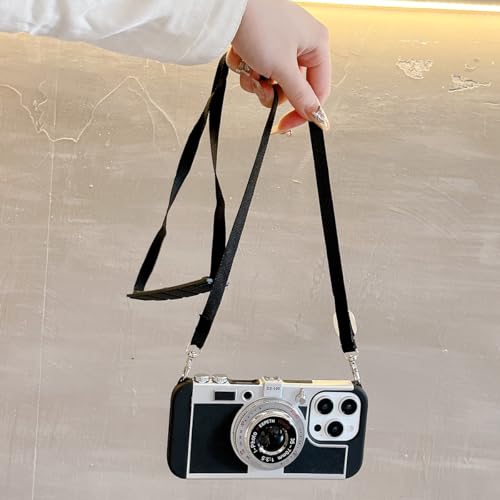 QoKcoahn 3D Vintage Camera Phone Case with Long Lanyard Unique Cool Silicone PC Shockproof Crossbody Protective Case for iPhone 16 Pro Max Black - Image 3
