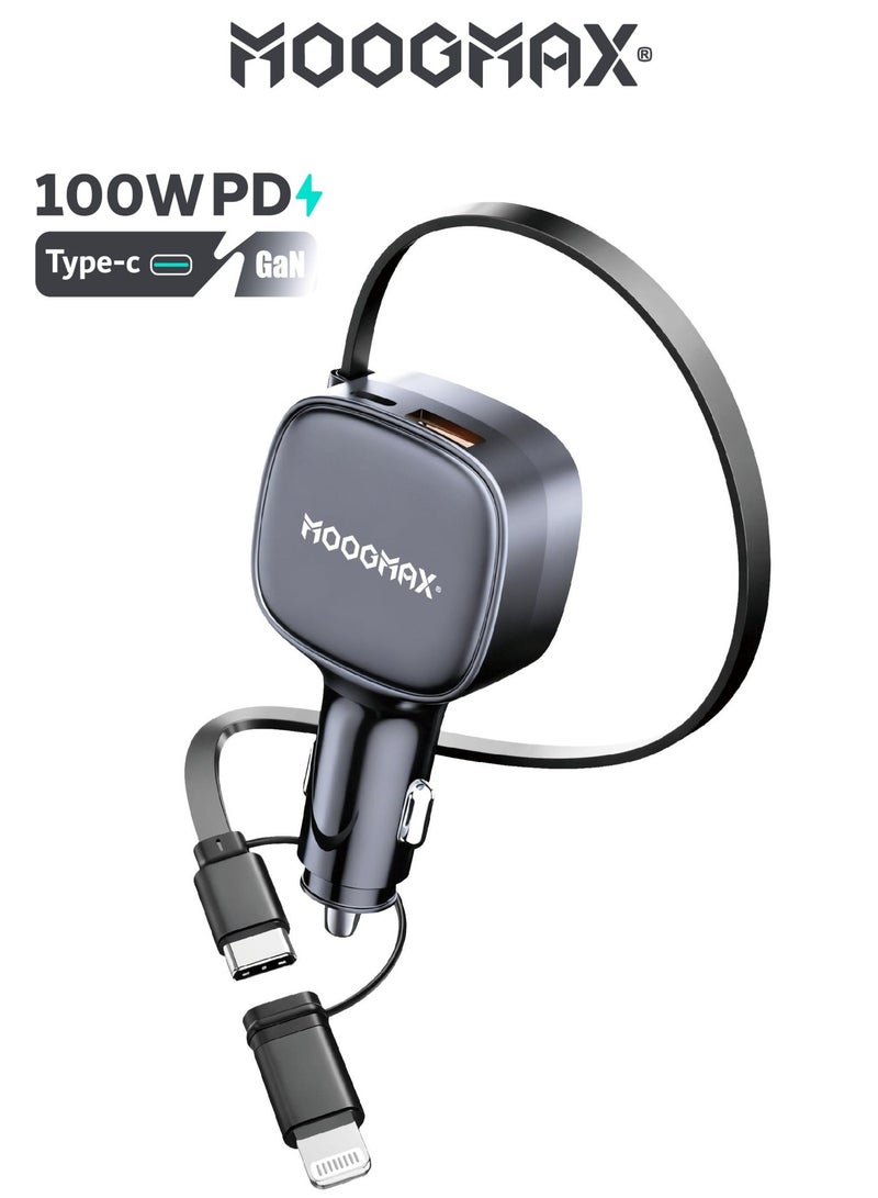 MOOGMAX 100W car charger with multiple power outputs. Dual port Type C charger adapter (Type C + USB). mobile charger Includes a built in Type C charging cable and Lightning adapter. car charger type c fast Features advanced overvoltage protection. fast charger type c Supports PD fast charging. Compatible with iPhones, Samsung, Huawei, Honor, and many other devices. - Image 1
