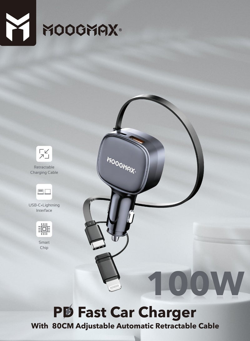 MOOGMAX 100W car charger with multiple power outputs. Dual port Type C charger adapter (Type C + USB). mobile charger Includes a built in Type C charging cable and Lightning adapter. car charger type c fast Features advanced overvoltage protection. fast charger type c Supports PD fast charging. Compatible with iPhones, Samsung, Huawei, Honor, and many other devices. - Image 2