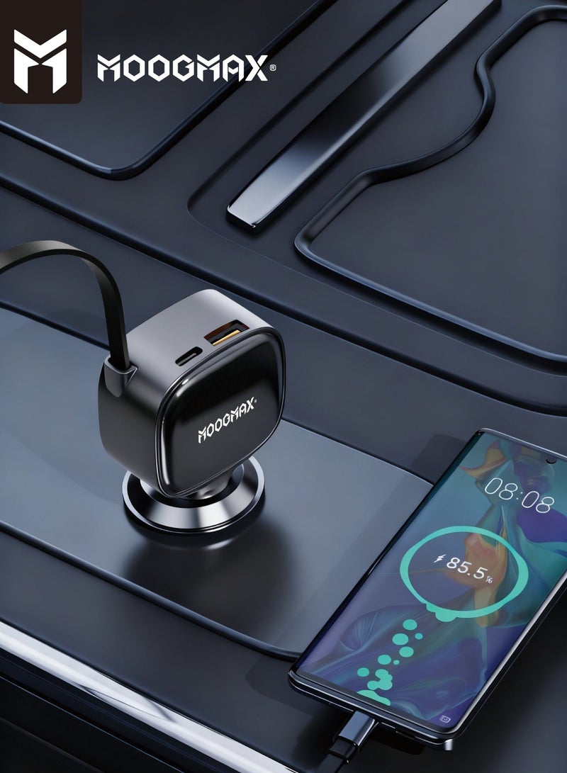 MOOGMAX 100W car charger with multiple power outputs. Dual port Type C charger adapter (Type C + USB). mobile charger Includes a built in Type C charging cable and Lightning adapter. car charger type c fast Features advanced overvoltage protection. fast charger type c Supports PD fast charging. Compatible with iPhones, Samsung, Huawei, Honor, and many other devices. - Image 3