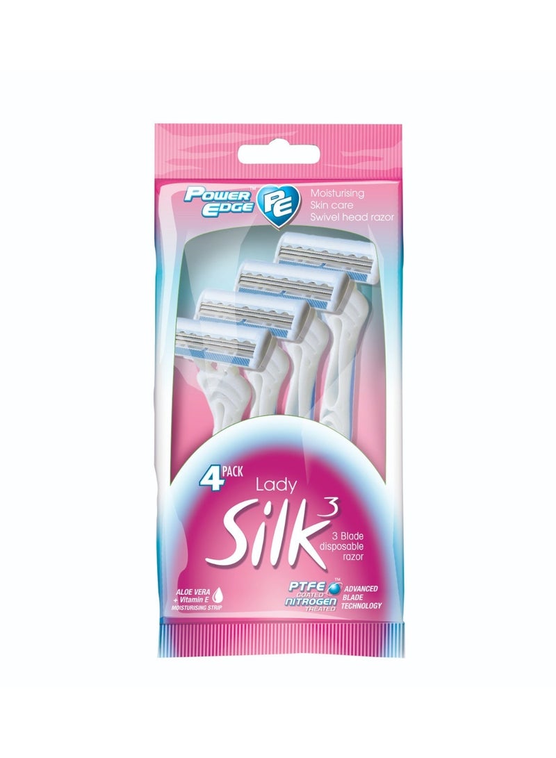 Power Edge Lady Silk Moisturizing Disposable Razor, 3 Blade System with Swivel Head, 4 Pack - Image 1
