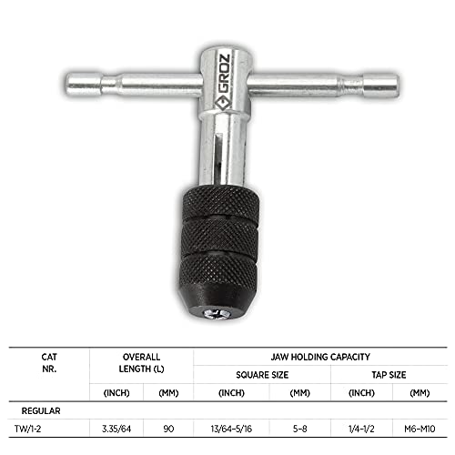 GROZ Tap Wrench with T-Type Handle for use in Hard to Reach Areas| Ideal for Holding Taps, Reamers, Screw Extractors & Other Small Hand Turned Tools| Hardened Steel Jaws| Tap Size: M6-M10| TW/1-2 - Image 3