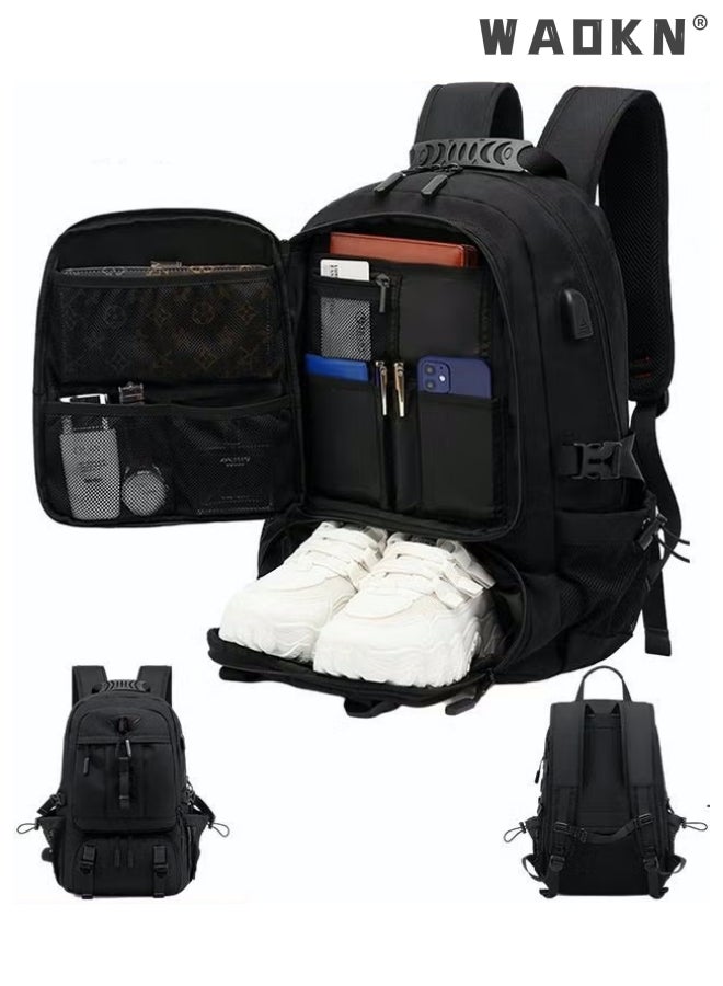 WAOKN Extra Large Travel Backpack,Unisex Independent Shoes Compartment Hiking Backpack 60L Large Capacity Expandable Luggage Bag with USB Port for Sports Travel Outdoor Business Trip Work Black  - Image 1