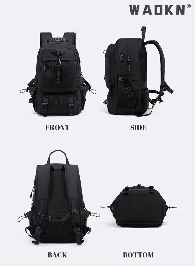 WAOKN Extra Large Travel Backpack,Unisex Independent Shoes Compartment Hiking Backpack 60L Large Capacity Expandable Luggage Bag with USB Port for Sports Travel Outdoor Business Trip Work Black  - Image 2
