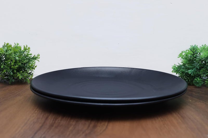 Amar Industries Melamine Dinner Set Full Plates Matte Black Spiral Design Elegant Unabreakable Durable Stylish Light Weight Set of 2 - Image 1