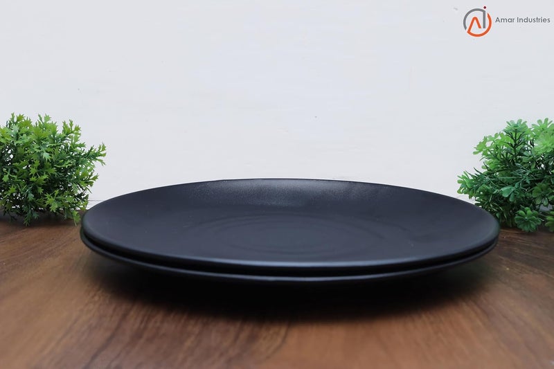 Amar Industries Melamine Dinner Set Full Plates Matte Black Spiral Design Elegant Unabreakable Durable Stylish Light Weight Set of 2 - Image 2
