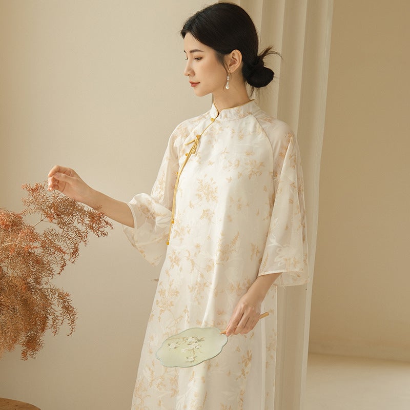2023 Summer Oriental Print Mandarin Collar Dress Yellow 