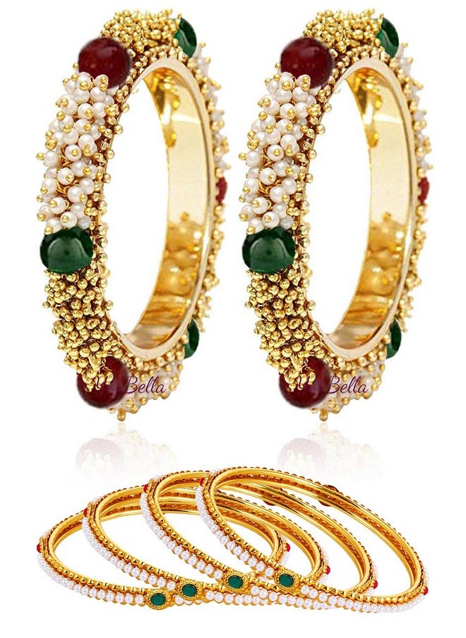 YouBella Valentine Gift : YouBella Jewellery Valentine Traditional Pearl & Gold Combo Bangle Set for Women/Girls - Pack of 6 (2.4) 