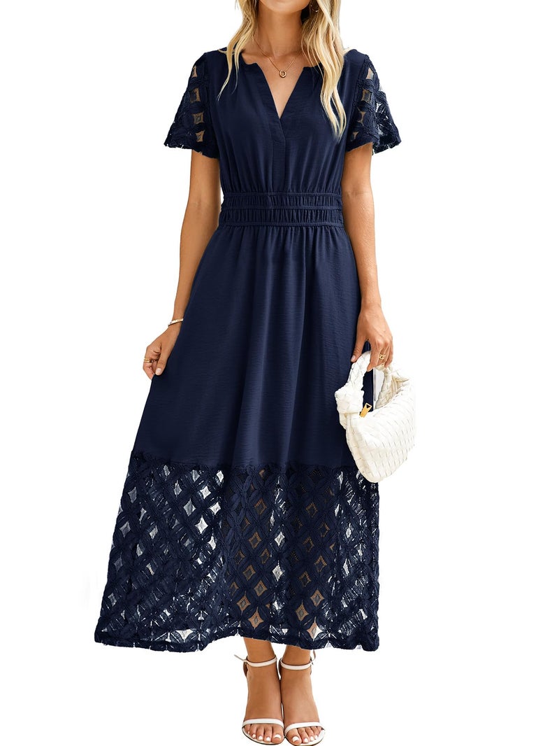 Simplee Apparel Simplee Womens Semi Formal Dresses - Casual V Neck Empire Waist Long Flowy Lace Boho Wedding Guest Dress with Pockets (Navy Blue L) - Image 1