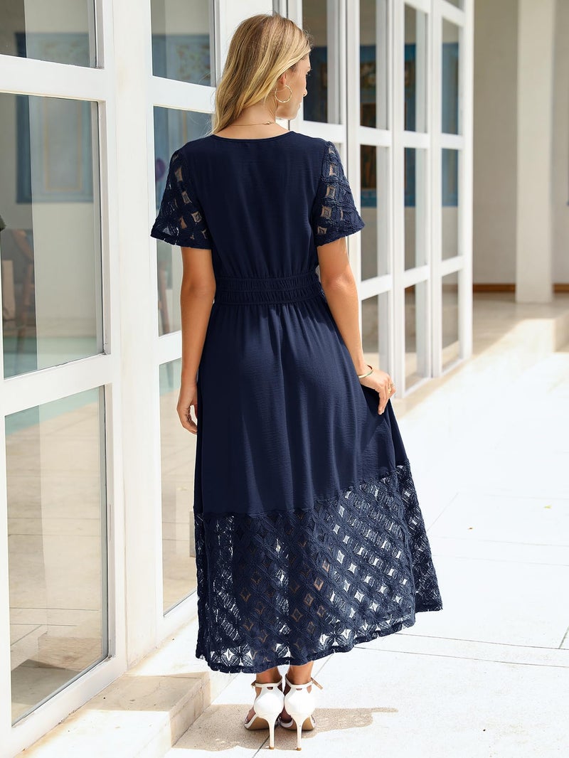 Simplee Apparel Simplee Womens Semi Formal Dresses - Casual V Neck Empire Waist Long Flowy Lace Boho Wedding Guest Dress with Pockets (Navy Blue L) - Image 5