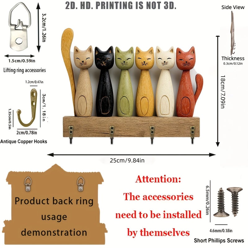 Wooden Cat Key Rack With 4 Metal Hooks UV Printing Model A Home Decor - Image 3