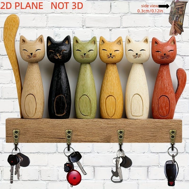 Wooden Cat Key Rack With 4 Metal Hooks UV Printing Model A Home Decor - Image 2