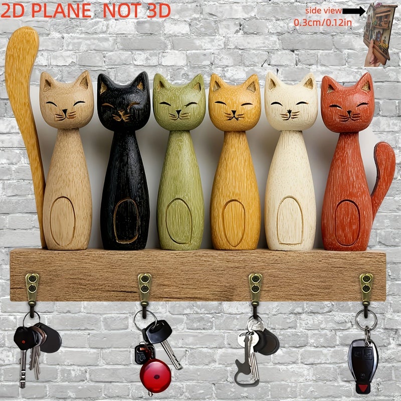 Wooden Cat Key Rack With 4 Metal Hooks UV Printing Model A Home Decor - Image 4