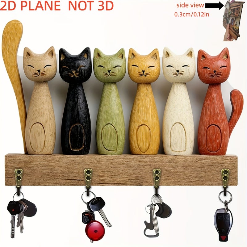 Wooden Cat Key Rack With 4 Metal Hooks UV Printing Model A Home Decor - Image 1