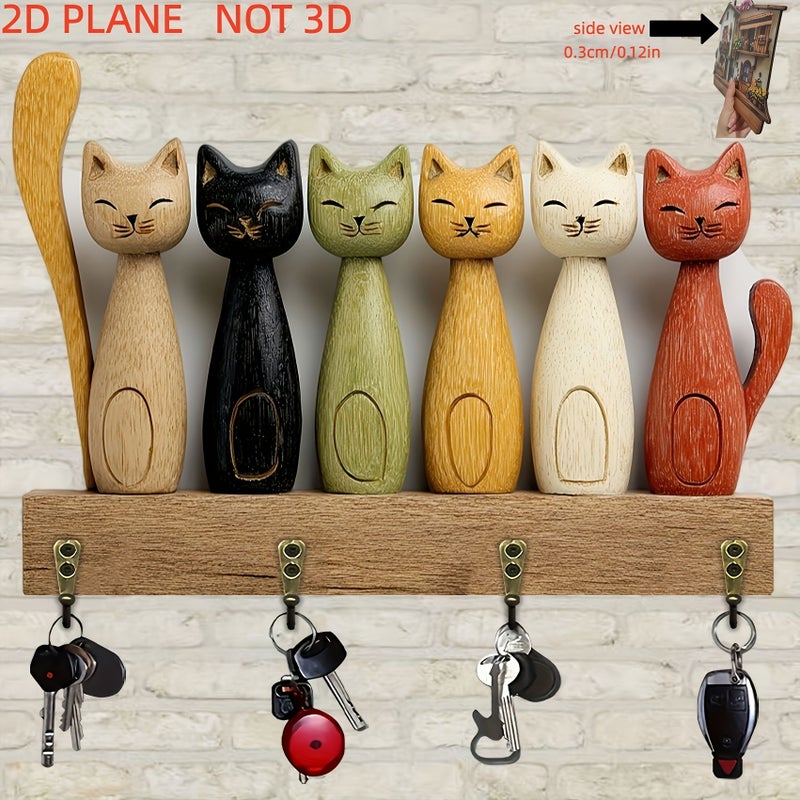 Wooden Cat Key Rack With 4 Metal Hooks UV Printing Model A Home Decor - Image 5