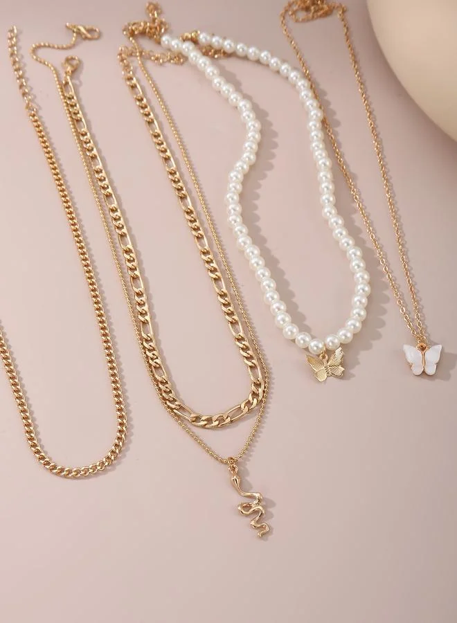 تايك تو Set Of 5 - Faux Pearl And Butterfly Pendant Necklace
