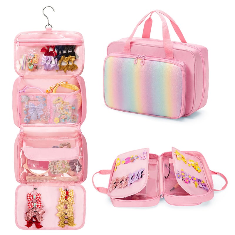 GRAOSO Hanging Hair Accessories Organizer for Baby Girls, Hair Bow Storage Bag, Travel Hair Stuff Case for Hair Clips, Hair Ties, Headbands, Scrunchies, Pink (Bag only) - Image 1