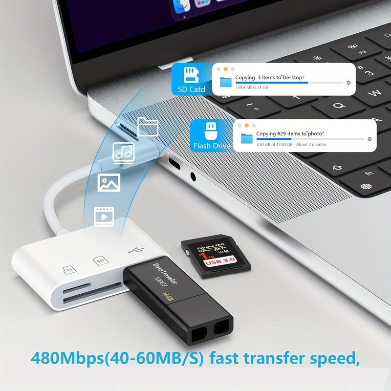 موزع USB-C أبيض 3 في 1 مع قارئ بطاقات ذاكرة SD TF محول - Image 2