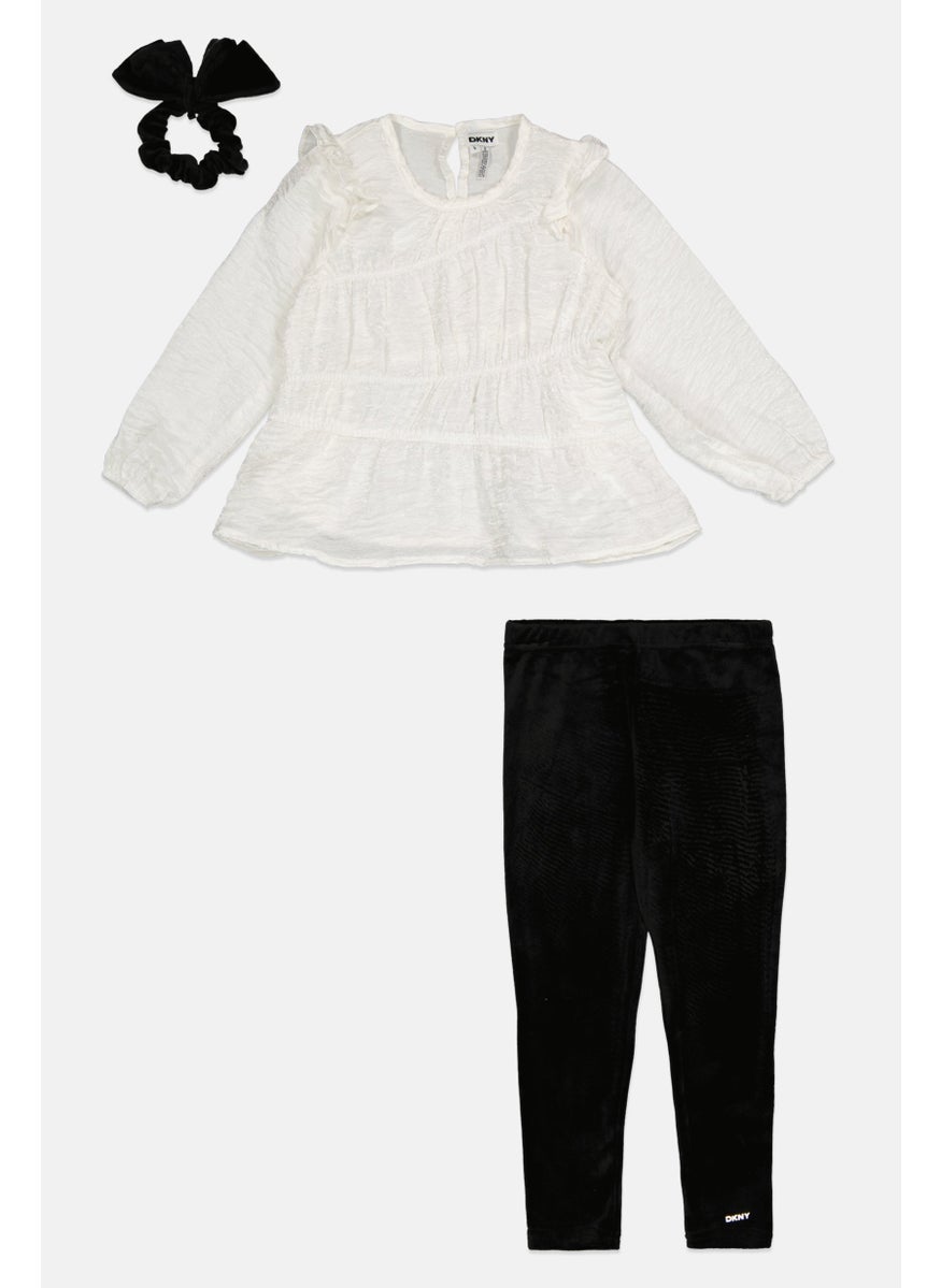 DKNY Toddlers Girl 3 Pcs Textured Long Sleeves Top And Bottom With Scrunchie Set, Multicolor  - Image 1