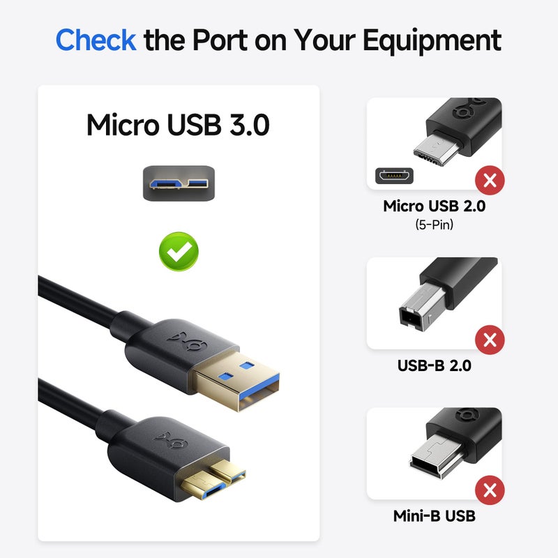 Cable Matters Micro USB 3.0 Cable - 10ft, External Hard Drive Cable, USBA to USB Micro B Cord, Compatible with Seagate, LaCie, Toshiba, Samsung, Western Digital/WD External Hard Drive, Black - Image 2
