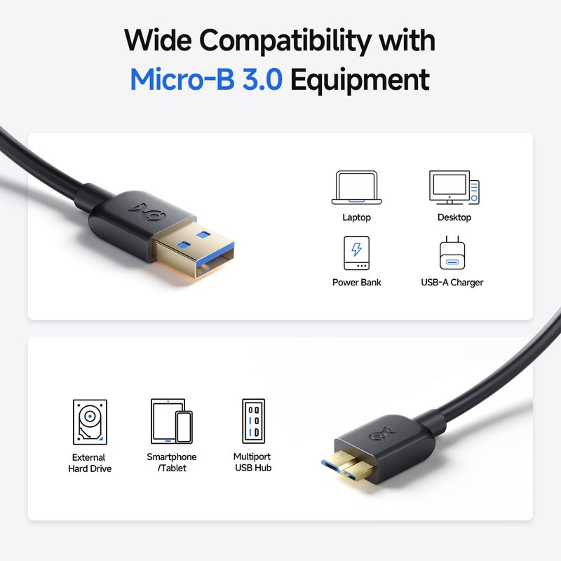 Cable Matters Micro USB 3.0 Cable - 10ft, External Hard Drive Cable, USBA to USB Micro B Cord, Compatible with Seagate, LaCie, Toshiba, Samsung, Western Digital/WD External Hard Drive, Black - Image 4