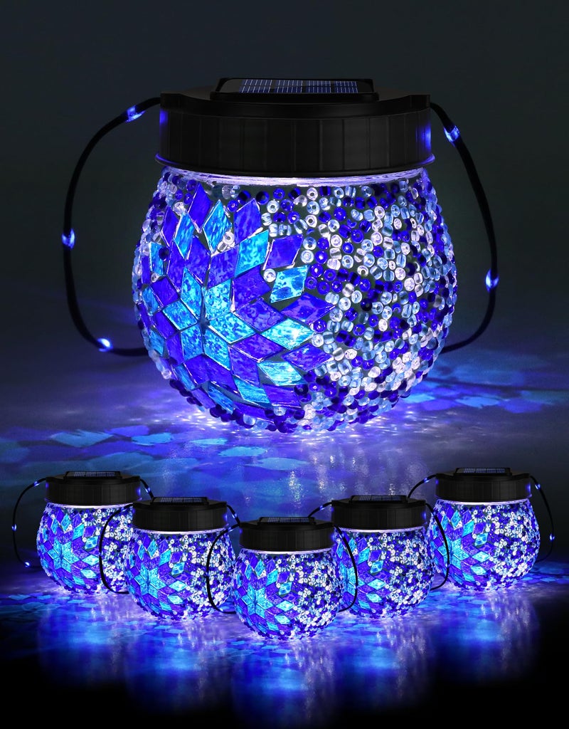 PARTPHONER Mosaic Solar Lights Outdoor 6 Pack, Solar Hanging Lanterns Christmas Halloween Gifts for Women Mom Grandma, Waterproof Glass Globe Lights, Garden Patio Decor for Yard, Tree, Balcony, Cold - Image 1