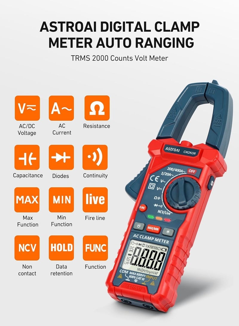AstroAI Digital Clamp Meter Multimeter 2000 Counts Amp Voltage Tester Auto-ranging with AC/DC Voltage, AC Current, Resistance, Capacitance, Continuity, Live Wire Test, Non-Contact Voltage Detection  - Image 2