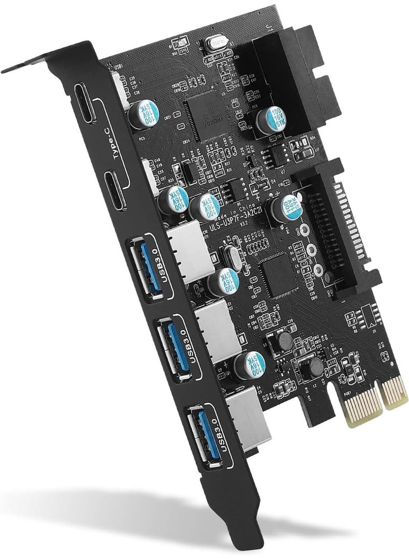 PCIe x1 to USB 3.0 Expansion Card – 6 Port High Speed Adapter (3 USB-A, 2 USB-C & Internal 19-Pin Header) 5Gbps for Desktop PC - Image 1