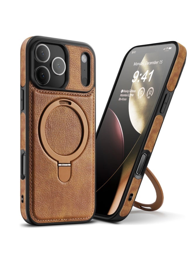 PINKSAMA Magnetic for iPhone 17 Pro Max Leather Case, Invisible Stand [Compatible with Magsafe] Luxury, Elegant, and Beautiful Design Cover, Non-Slip Vintage Looking Slim Kickstand Phone Cover, Brown - Image 1