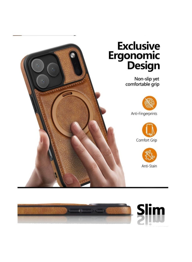 PINKSAMA Magnetic for iPhone 17 Pro Max Leather Case, Invisible Stand [Compatible with Magsafe] Luxury, Elegant, and Beautiful Design Cover, Non-Slip Vintage Looking Slim Kickstand Phone Cover, Brown - Image 4