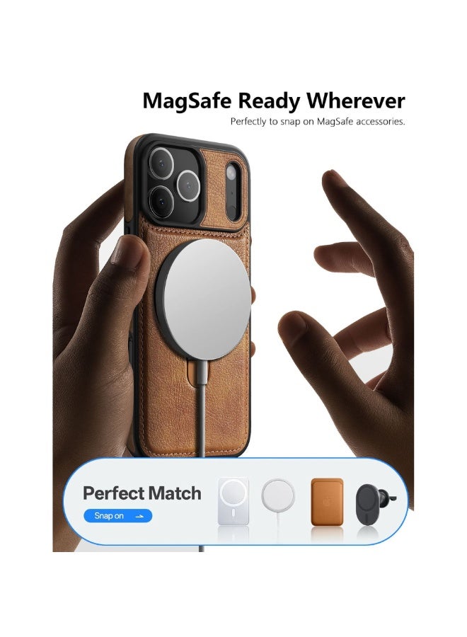PINKSAMA Magnetic for iPhone 17 Pro Max Leather Case, Invisible Stand [Compatible with Magsafe] Luxury, Elegant, and Beautiful Design Cover, Non-Slip Vintage Looking Slim Kickstand Phone Cover, Brown - Image 3