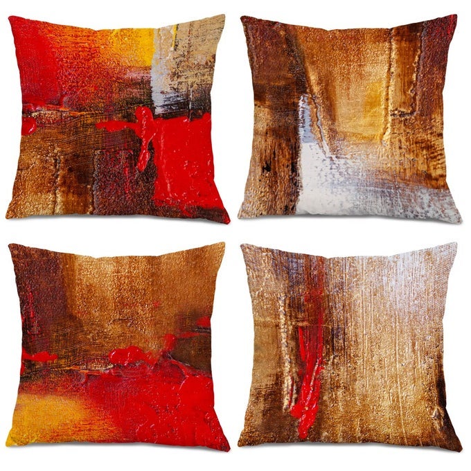 VINTAGE ABSTRACT RED AND BROWN MESSY RUST PAINTING DECORATIVE THROW PILLOW COVER CUSHION CASE FOR FASHION HOUSEWARMING GIFTS HOME SOFA BED COUCH IMPRESSIONIST GRAFFITI DECOR 18 X18 INCH SET OF 4